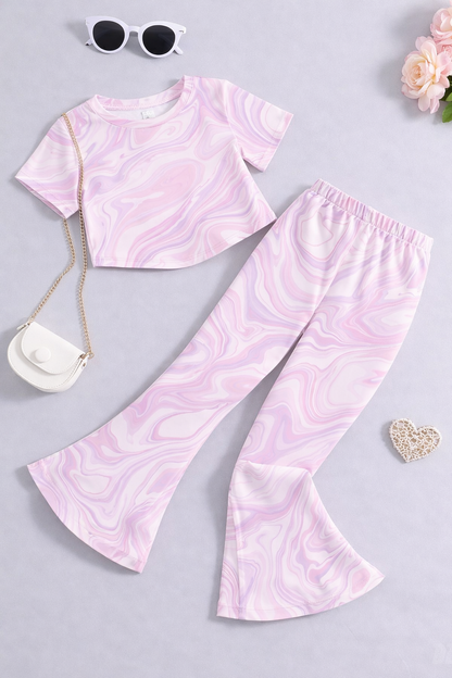 Girls Pastel Marble Co-Ord Set | Kids Crop Top & Flared Pants Outfit | Stylish Casual Wear for Girls