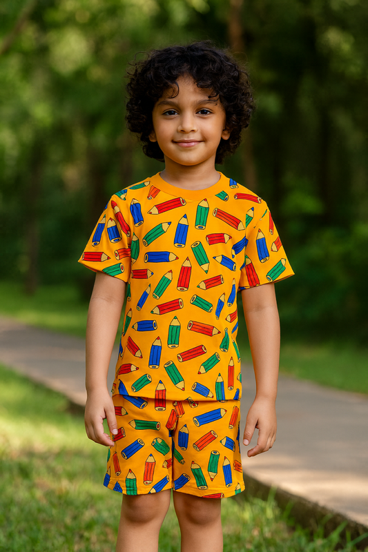 “Color Pencil Cord Set – Fun Multicolor Pencil Print Kidswear Outfit” Half Sleeve T-Shirt & Shorts Co-ord Set