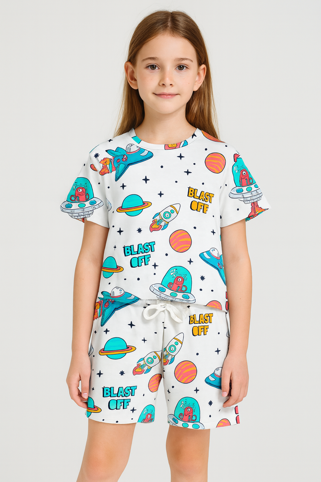 Galaxy Explorer Collection: Fun Space Adventure Cord Set | Half Sleeve Cotton Top & Shorts for Girls