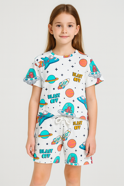 Galaxy Explorer Collection: Fun Space Adventure Cord Set | Half Sleeve Cotton Top & Shorts for Girls