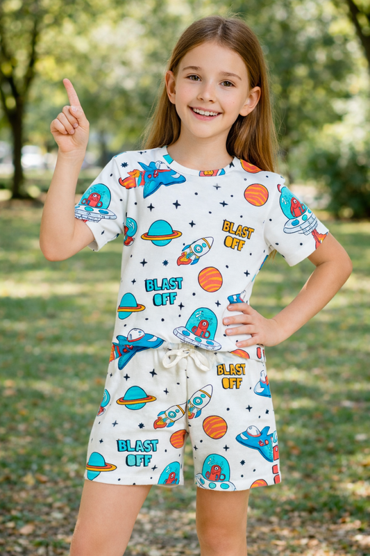 Galaxy Explorer Collection: Fun Space Adventure Cord Set | Half Sleeve Cotton Top & Shorts for Girls