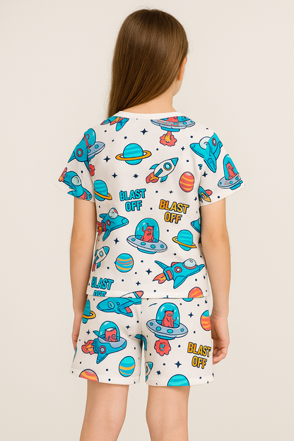 Galaxy Explorer Collection: Fun Space Adventure Cord Set | Half Sleeve Cotton Top & Shorts for Girls