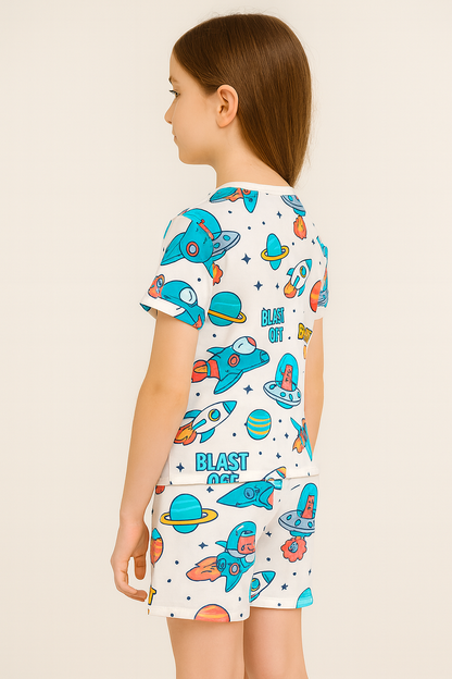 Galaxy Explorer Collection: Fun Space Adventure Cord Set | Half Sleeve Cotton Top & Shorts for Girls