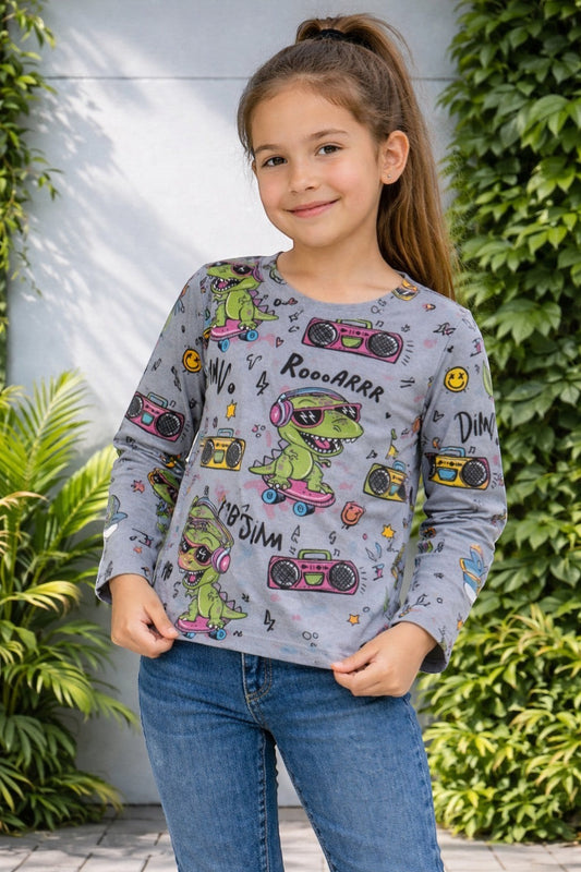 Horcun Clothing Brand grey long sleeve top with skateboarding dinosaurs, boomboxes, and smiley faces graphic print.