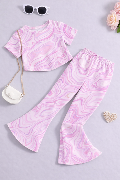 Girls Pink Marble Print Co-Ord Set | Kids Crop Top & Wide Leg Pants Outfit | Trendy Western Wear for Girls