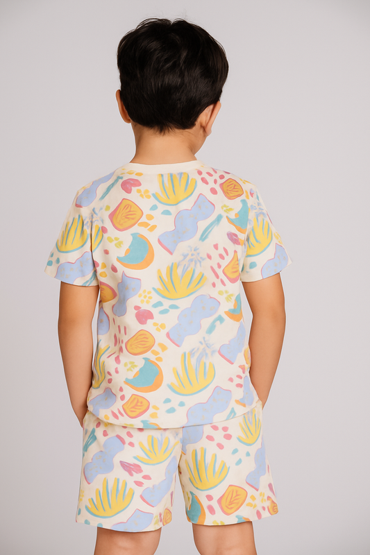 Kids Marine Life Print Half Sleeve T-Shirt & Shorts Co-ord Set – Soft Cotton Nightwear / Lounge Wear