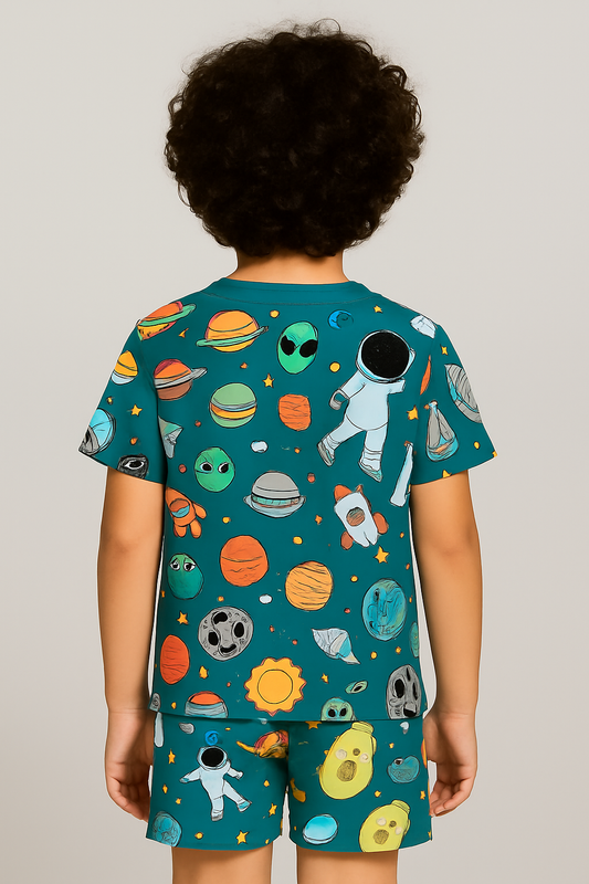Kids Space & Astronaut Print T-Shirt & Shorts Co-ord Set – Soft Looper Polycotton Summer Outfit