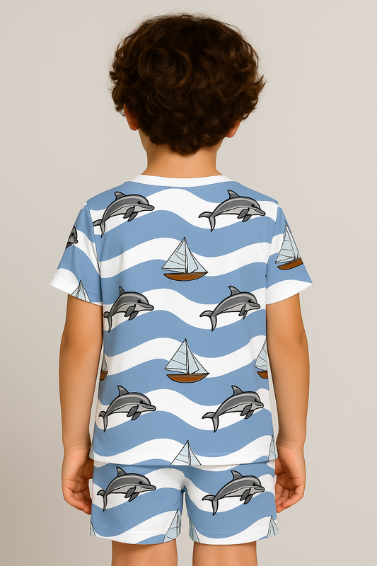 Kids Dolphin & Sailboat Print T-Shirt & Shorts Co-ord Set – Soft Looper Polycotton Summer Outfit