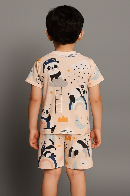 Kids Panda Print Half Sleeve T-Shirt & Shorts Co-ord Set – Soft Cotton Nightwear / Lounge Wear