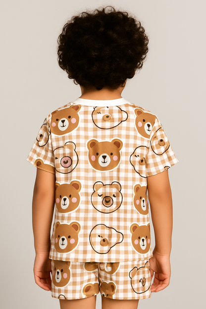 Kids Teddy Bear print set, kids co-ord summer outfit, polycotton kids nightwear, boys & girls teddy set, cute kids clothing, kids shorts and t-shirt set