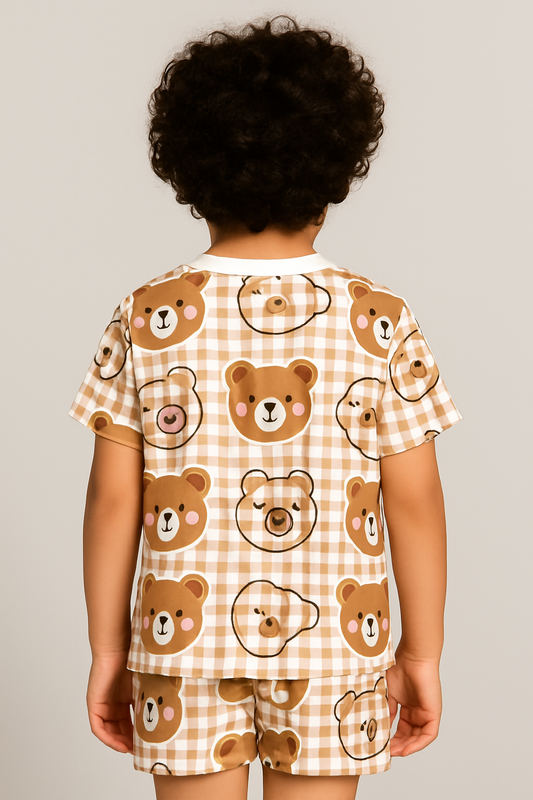 Kids Teddy Bear print set, kids co-ord summer outfit, polycotton kids nightwear, boys & girls teddy set, cute kids clothing, kids shorts and t-shirt set