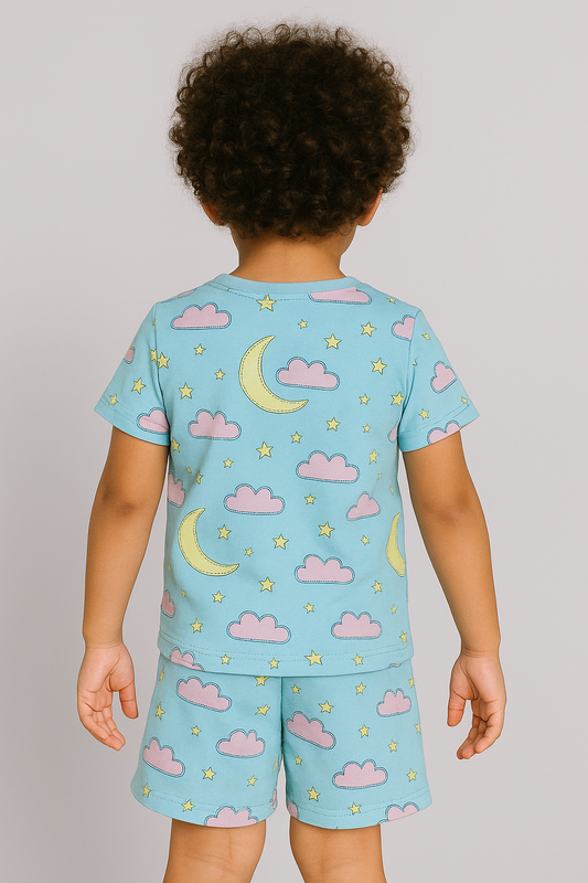 Kids Moon & Clouds Print T-Shirt & Shorts Co-ord Set – Soft Looper Polycotton Nightwear / Loungewear