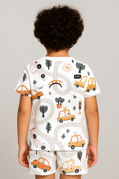 Kids Taxi & Road Map Print T-Shirt & Shorts Co-ord Set – Soft Looper Polycotton Summer Outfit