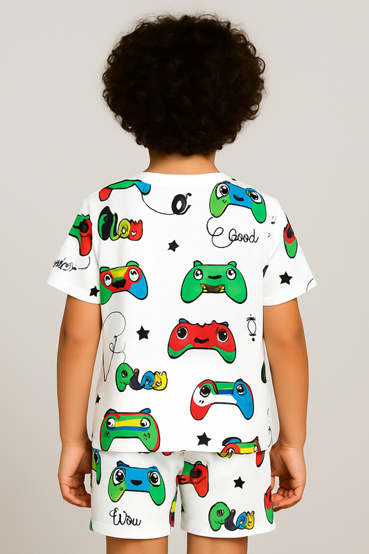 Kids Video Game Controller Print T-Shirt & Shorts Co-ord Set – Soft Looper Polycotton Summer Outfit
