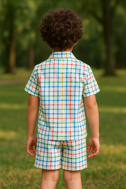 Kids Multicolor Check Print Shirt & Shorts Co-ord Set – Soft Looper Polyester Summer Outfit
