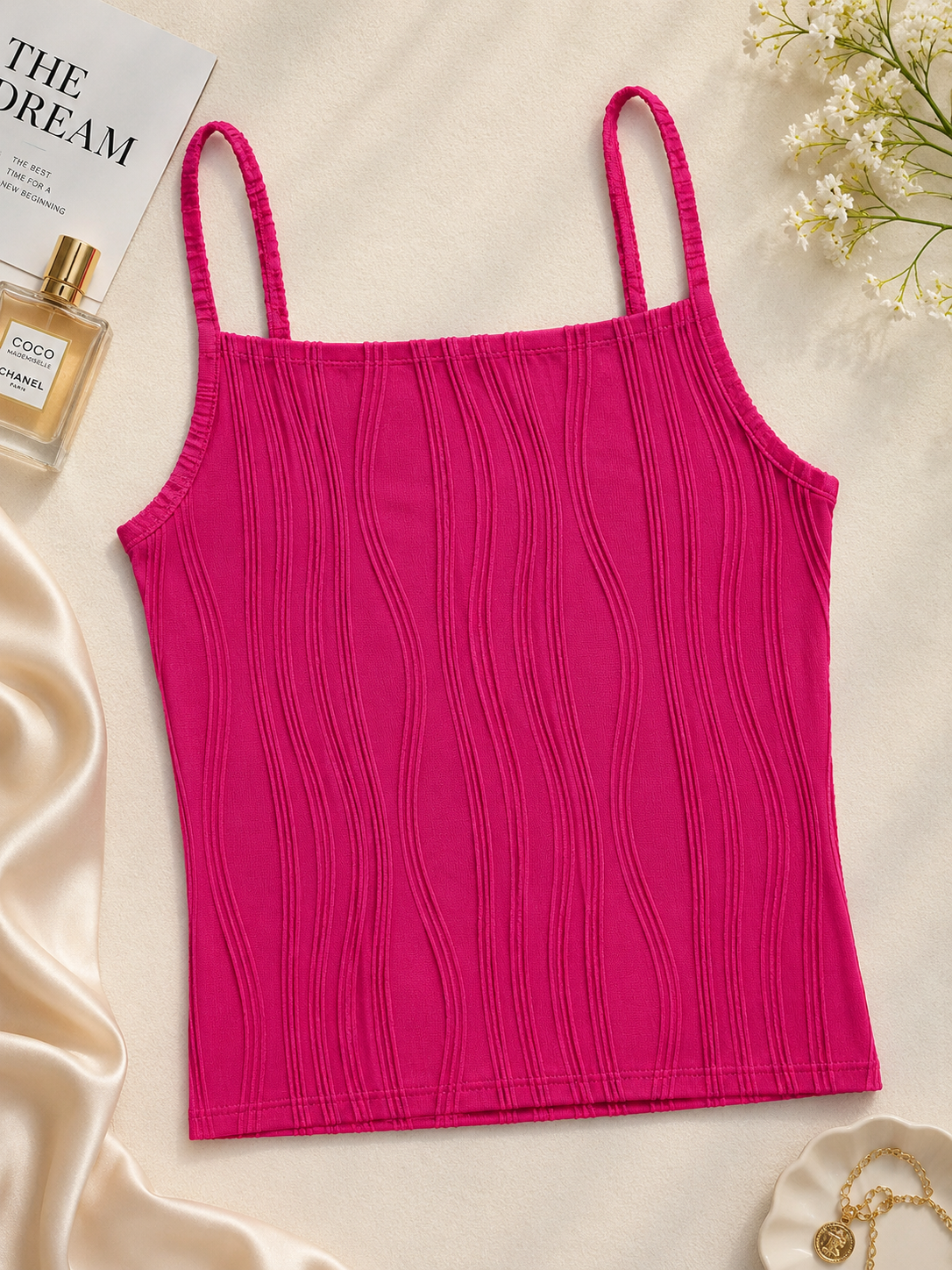 Horcun Women’s Hot Pink Textured Square Neck Strappy Cami Top