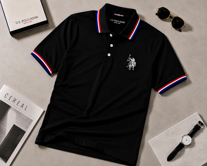 Men’s Black Polo T-Shirt with Red, White & Blue Striped Collar and Embroidered Logo
