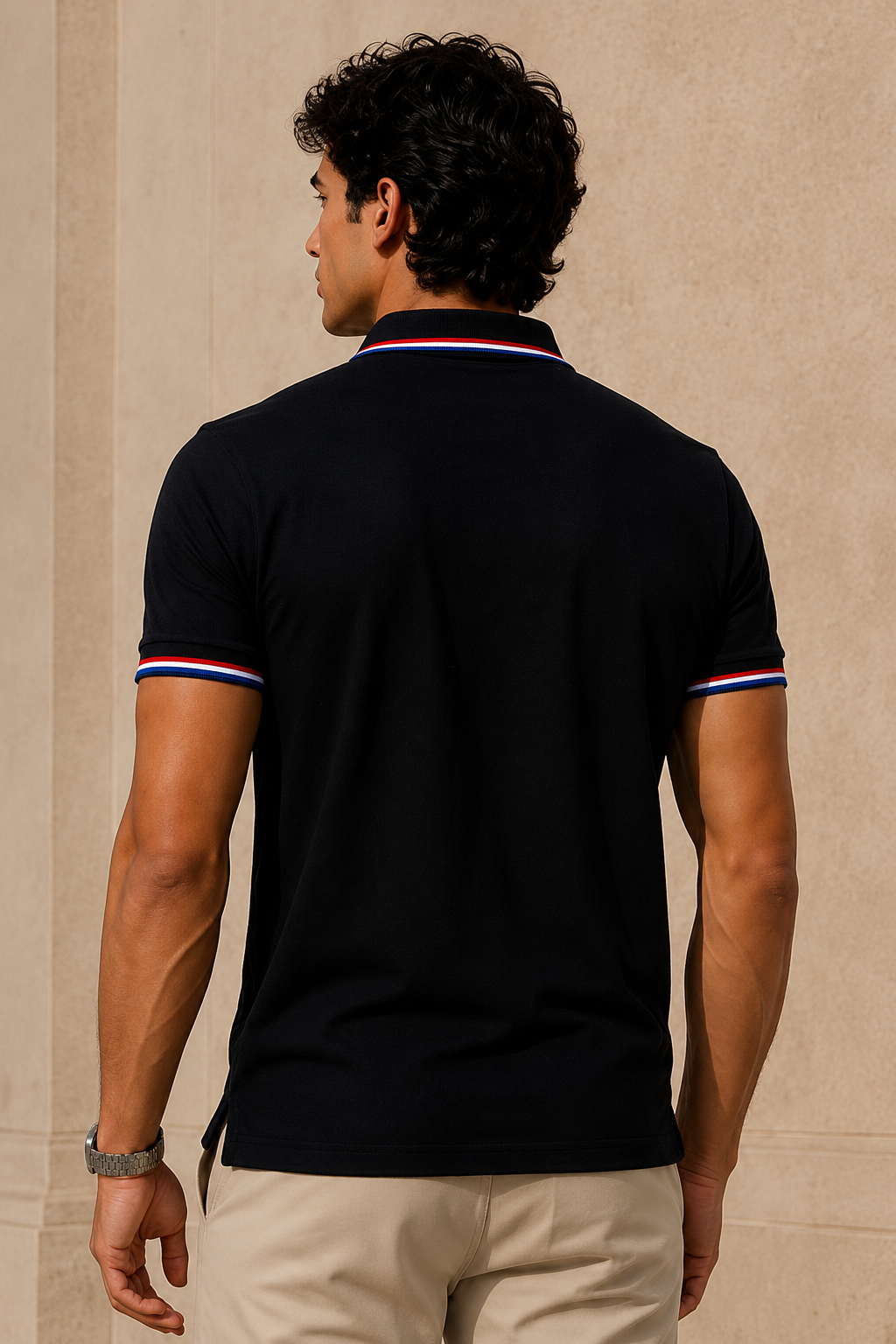 Men’s Black Polo T-Shirt with Red, White & Blue Striped Collar and Embroidered Logo