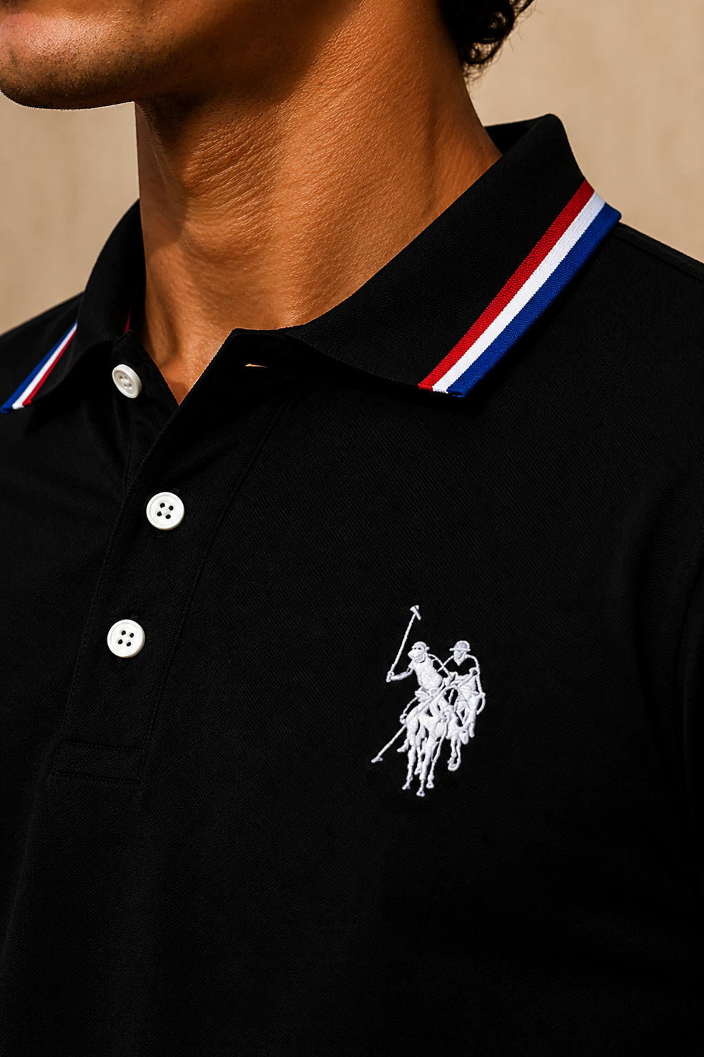 Men’s Black Polo T-Shirt with Red, White & Blue Striped Collar and Embroidered Logo