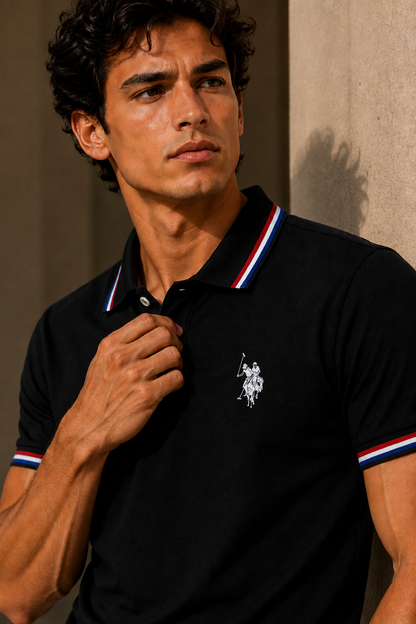 Men’s Black Polo T-Shirt with Red, White & Blue Striped Collar and Embroidered Logo