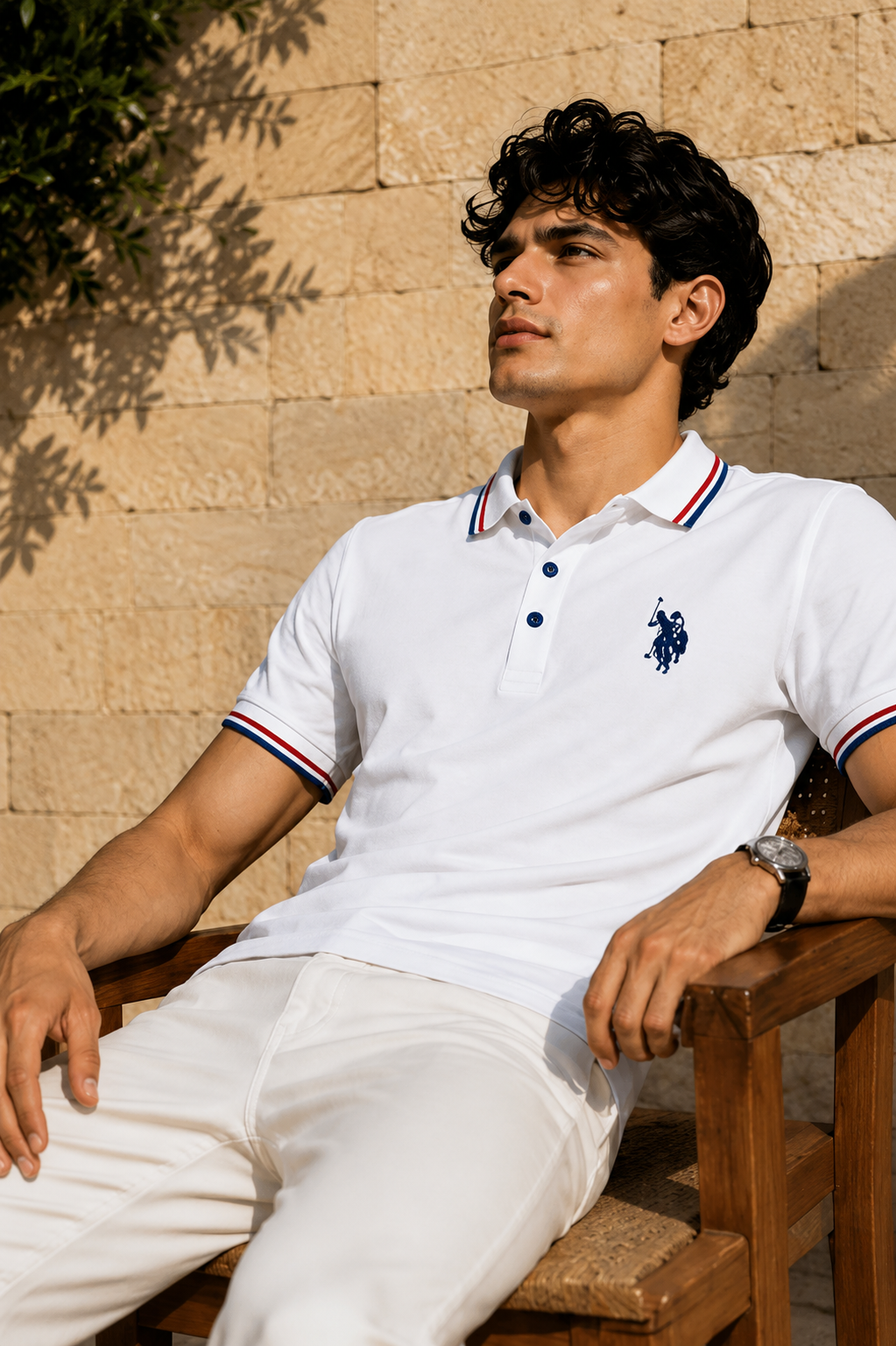 Men’s White Polo T-Shirt with Red & Blue Striped Collar and Embroidered Logo