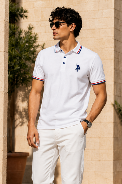 Men’s White Polo T-Shirt with Red & Blue Striped Collar and Embroidered Logo