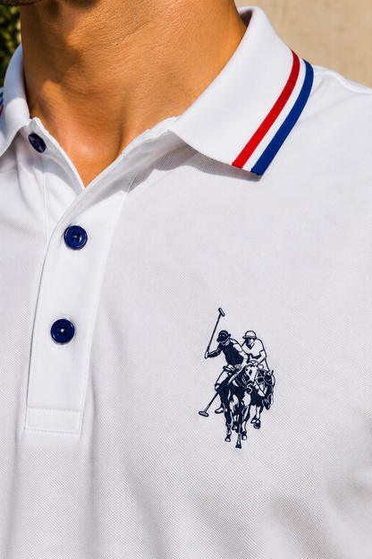 Men’s White Polo T-Shirt with Red & Blue Striped Collar and Embroidered Logo