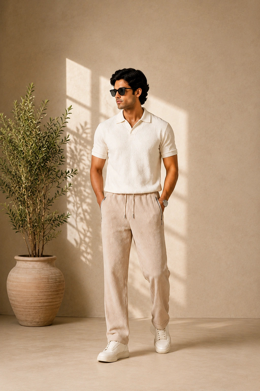 Off White Ribbed Track Pants for Men | Premium Relaxed Fit Textured Joggers with Zip Pockets