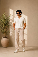Off White Ribbed Track Pants for Men | Premium Relaxed Fit Textured Joggers with Zip Pockets