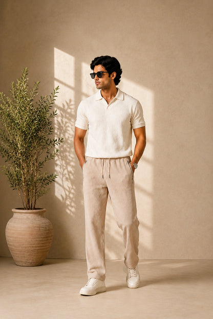Off White Ribbed Track Pants for Men | Premium Relaxed Fit Textured Joggers with Zip Pockets