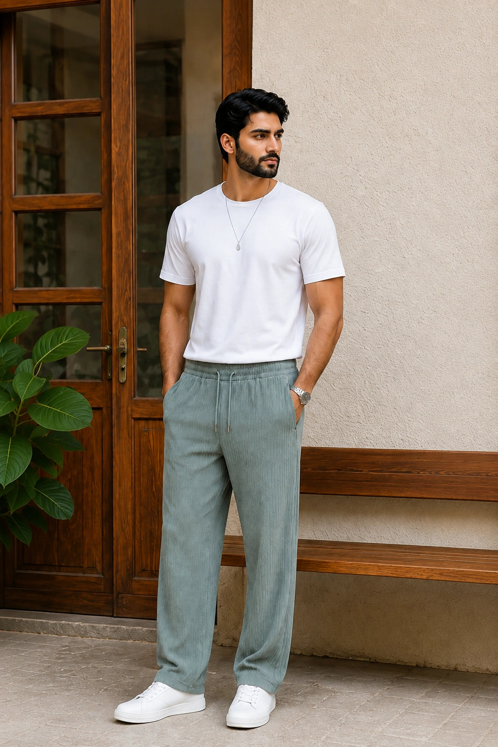 Sage Green Ribbed Track Pants for Men | Premium Relaxed Fit Textured Joggers with Zip Pockets
