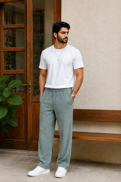 Sage Green Ribbed Track Pants for Men | Premium Relaxed Fit Textured Joggers with Zip Pockets