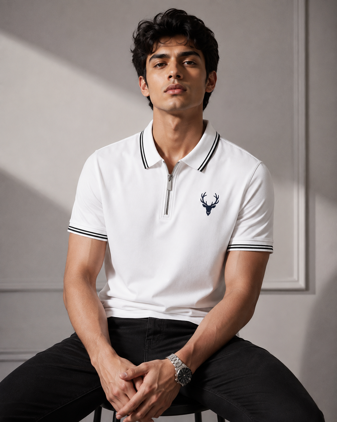 Horcun Men's Premium White Zip Polo T-Shirt | Quarter Zip Casual Polo