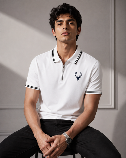 Horcun Men's Premium White Zip Polo T-Shirt | Quarter Zip Casual Polo