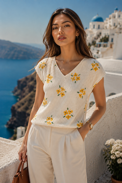 Horcun Women's Ivory Floral Textured V-Neck Top | Elegant Casual Wear