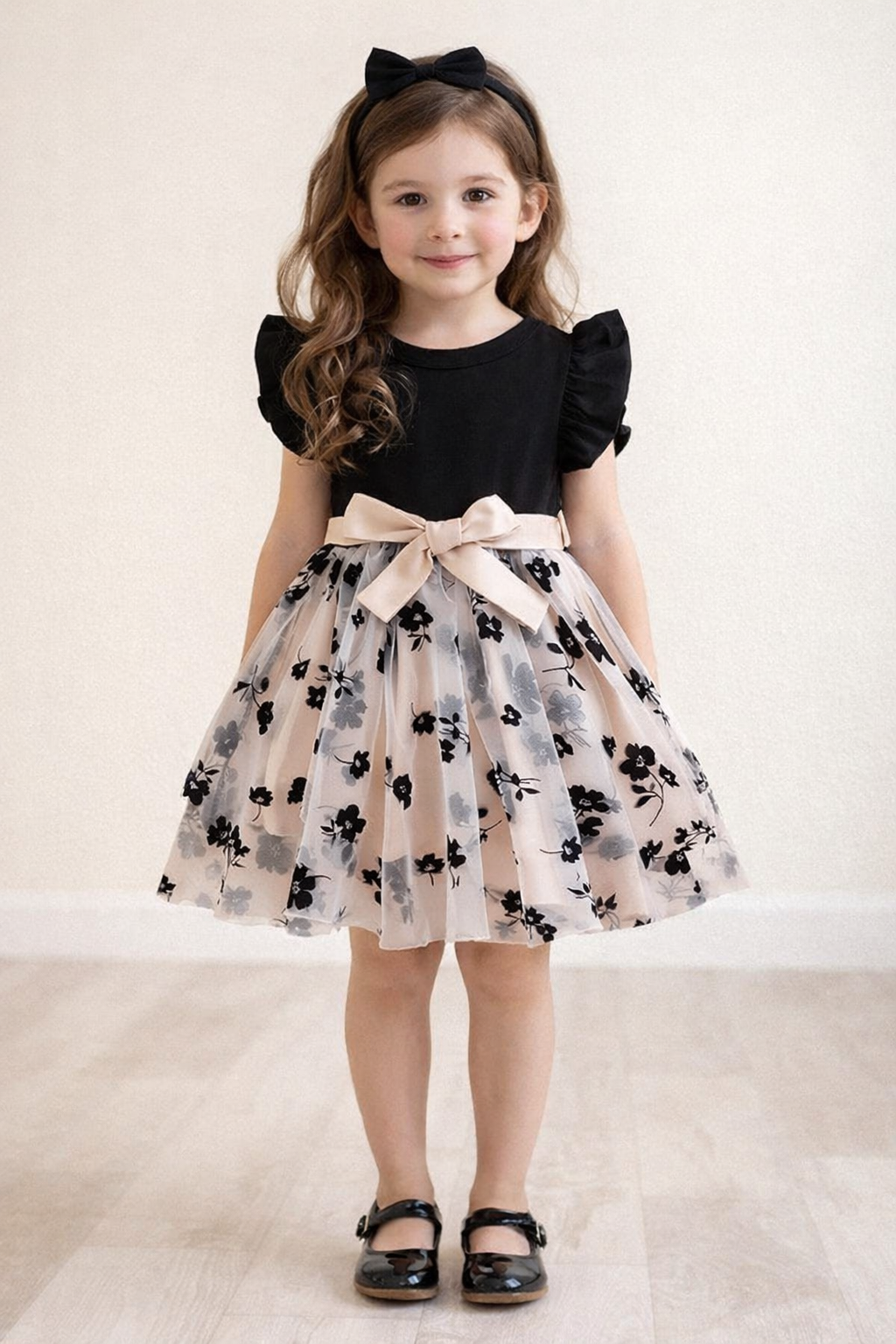 Girls Party Wear Frock – Black Top with Peach Floral Net Skirt