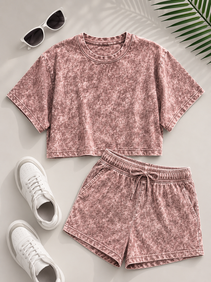 Horcun Women’s Dusty Rose Marble Print Co-Ord Shorts Set | Casual Two-Piece Outfit
