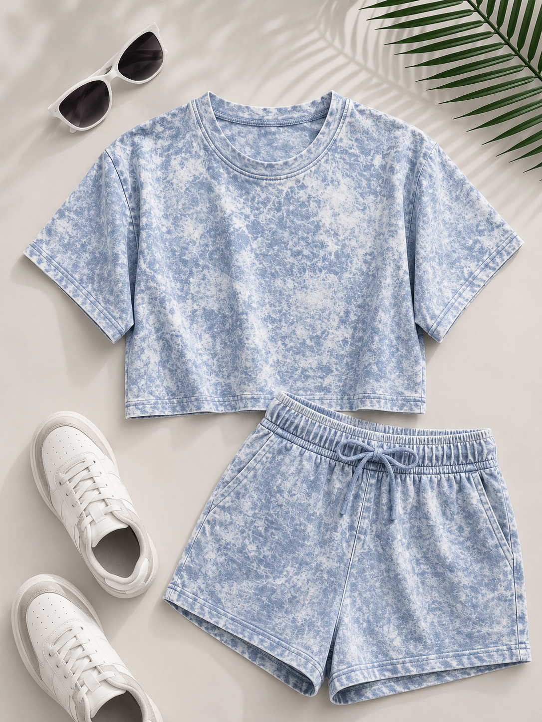 Horcun Women’s Sky Blue Marble Print Co-Ord Shorts Set | Casual Two-Piece Outfit
