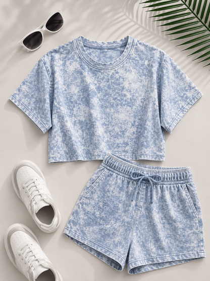 Horcun Women’s Sky Blue Marble Print Co-Ord Shorts Set | Casual Two-Piece Outfit
