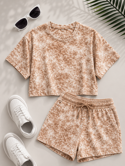 Horcun Women’s Beige Marble Print Co-Ord Shorts Set | Casual Matching Outfit