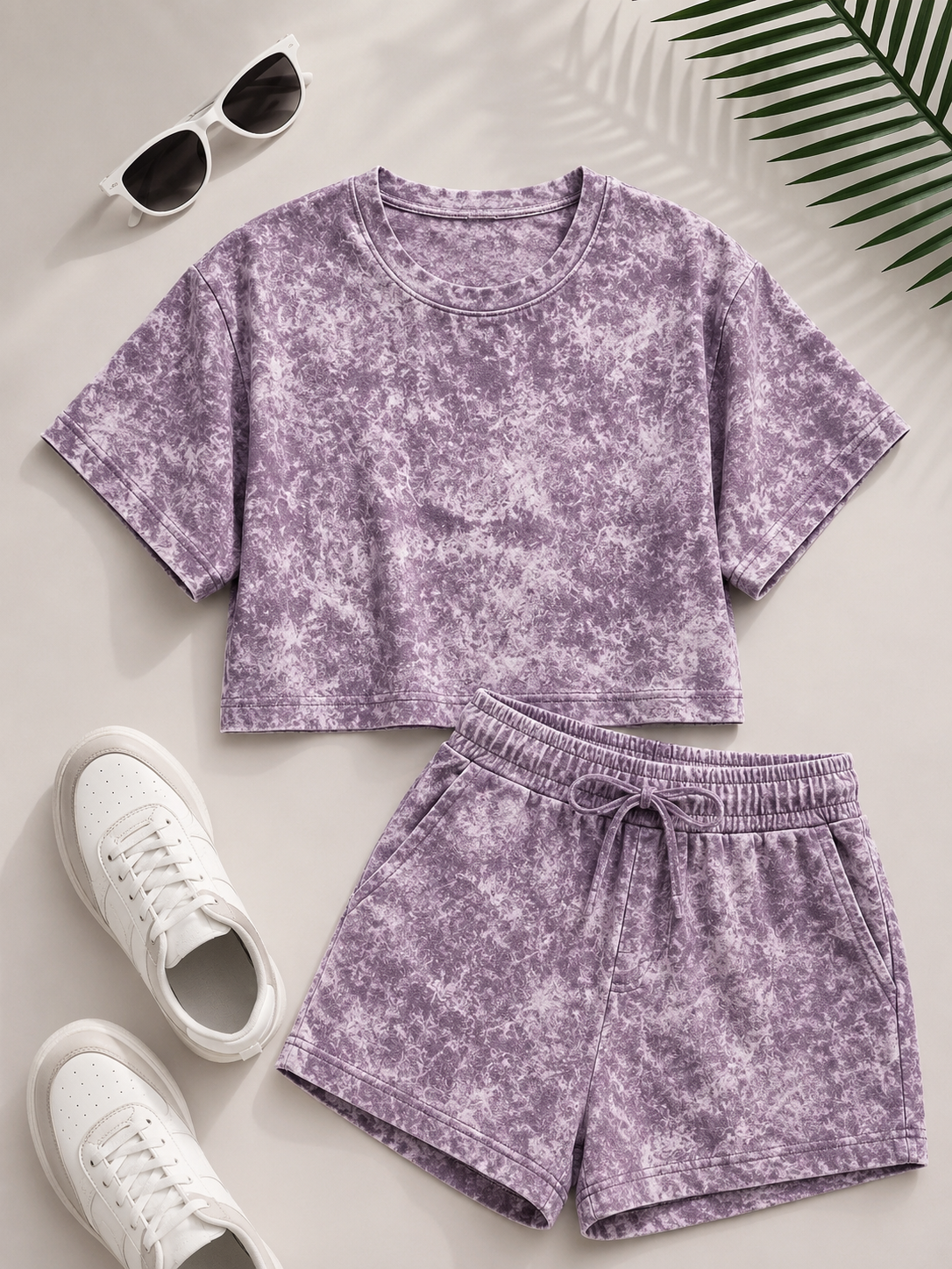 Horcun Women’s Lavender Marble Print Co-Ord Shorts Set | Stylish Casual Two-Piece Outfit