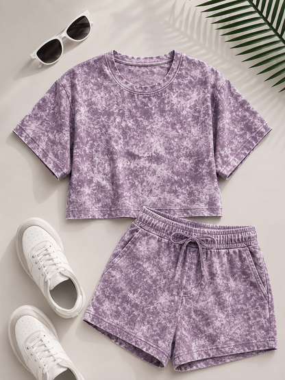 Horcun Women’s Lavender Marble Print Co-Ord Shorts Set | Stylish Casual Two-Piece Outfit