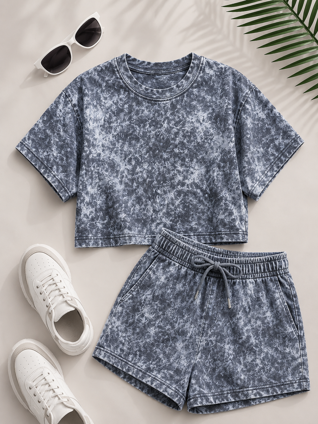 Horcun Women’s Slate Blue Marble Print Co-Ord Shorts Set | Casual Two-Piece Outfit