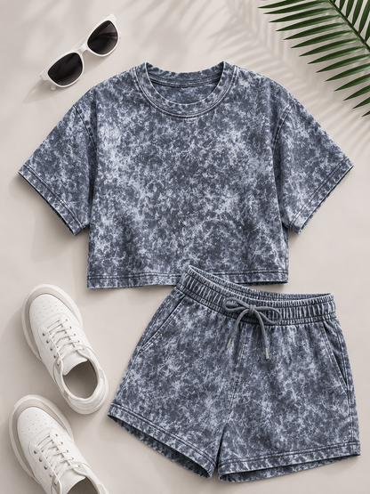 Horcun Women’s Slate Blue Marble Print Co-Ord Shorts Set | Casual Two-Piece Outfit