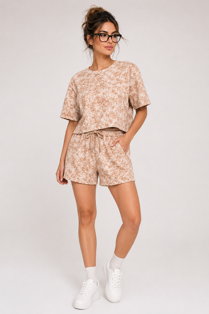 Horcun Women’s Beige Marble Print Co-Ord Shorts Set | Casual Matching Outfit