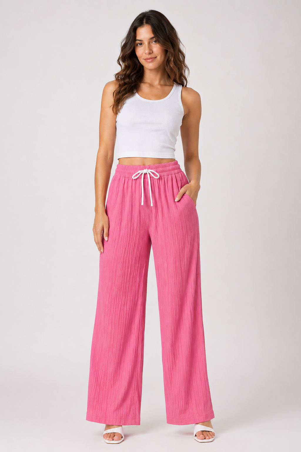 Pink Wide Leg Palazzo Pants for Women | Elastic Waist Crinkle Lounge Trousers