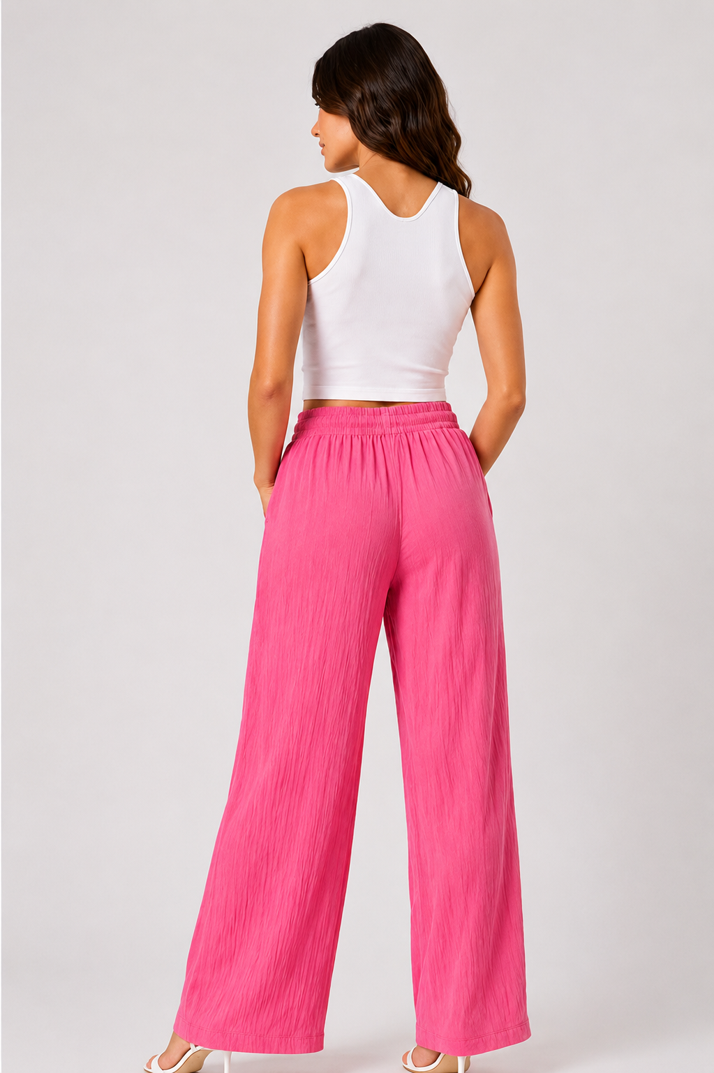 Pink Wide Leg Palazzo Pants for Women | Elastic Waist Crinkle Lounge Trousers
