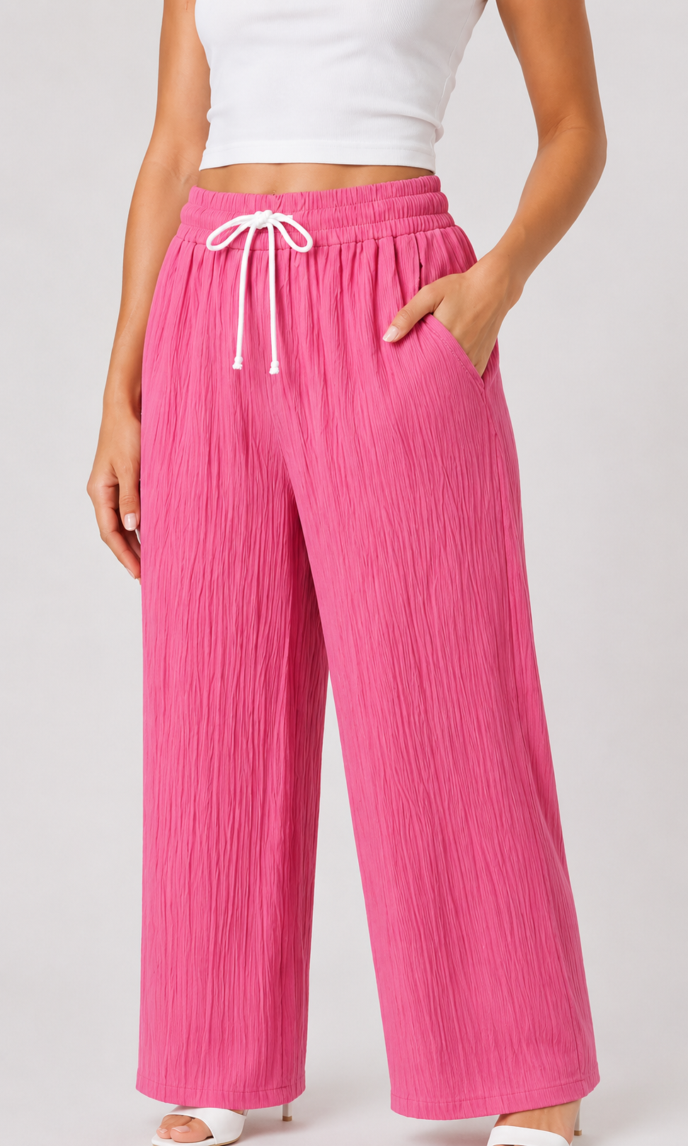 Pink Wide Leg Palazzo Pants for Women | Elastic Waist Crinkle Lounge Trousers
