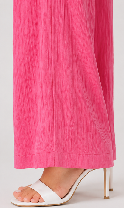 Pink Wide Leg Palazzo Pants for Women | Elastic Waist Crinkle Lounge Trousers