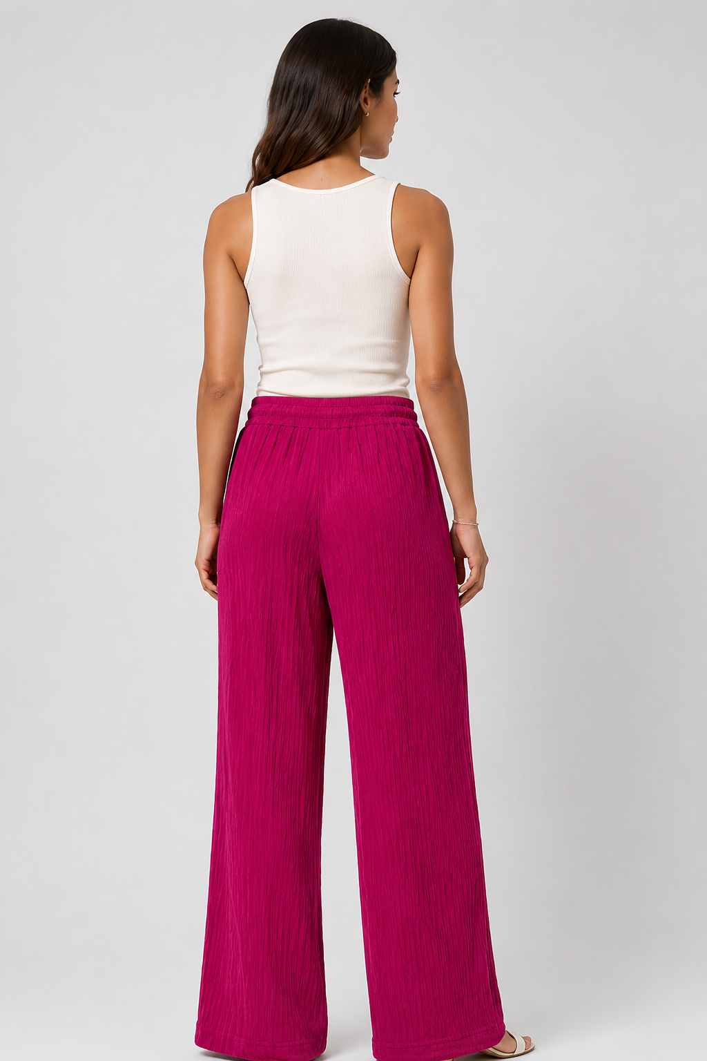 Fuchsia Pink Wide Leg Palazzo Pants for Women | Drawstring Elastic Waist Lounge Trousers